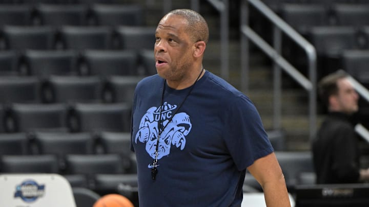 Mar 27, 2024; Los Angeles, CA, USA; North Carolina Tar Heels head coach Hubert Davis looks on during practice for their Sweet Sixteen college basketball game in the NCAA tournament at Crypto.com Arena. Mandatory Credit: Jayne Kamin-Oncea-Imagn Images Mar 27, 2024; Los Angeles, CA, USA; North Carolina Tar Heels head coach Hubert Davis looks on during practice for their Sweet Sixteen college basketball game in the NCAA tournament at Crypto.com Arena. Mandatory Credit: Jayne Kamin-Oncea-Imagn Images
