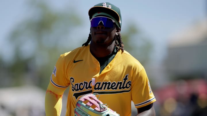 Apr 4, 2026; West Sacramento, California, USA; Athletics right fielder Lawrence Butler (4) heads to the dugout after the final out of the second inning against the Houston Astros at Sutter Health Park. Mandatory Credit: Scott Marshall-Imagn Images