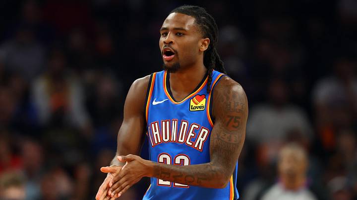 Apr 27, 2026; Phoenix, Arizona, USA; Oklahoma City Thunder guard Cason Wallace (22) against the Phoenix Suns during game four of the first round of the 2026 NBA Playoffs at Mortgage Matchup Center. Mandatory Credit: Mark J. Rebilas-Imagn Images Apr 27, 2026; Phoenix, Arizona, USA; Oklahoma City Thunder guard Cason Wallace (22) against the Phoenix Suns during game four of the first round of the 2026 NBA Playoffs at Mortgage Matchup Center. Mandatory Credit: Mark J. Rebilas-Imagn Images