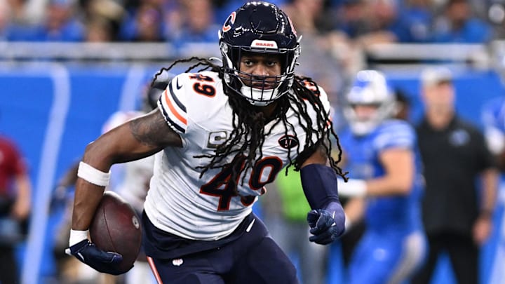 Chicago Bears linebacker Tremaine Edmunds (49) runs with the ball after intercepting a pass against the Detroit Lions in the third quarter at Ford Field. 