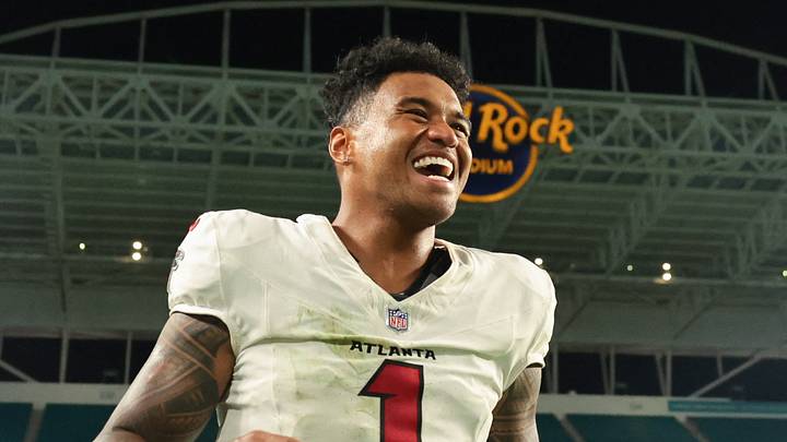 Aug 28, 2026; Miami Gardens, Florida, USA; Atlanta Falcons quarterback Tua Tagovailoa (1) reacts as he exits the field after the game against the Miami Dolphins at Hard Rock Stadium. Mandatory Credit: Sam Navarro-Imagn Images
