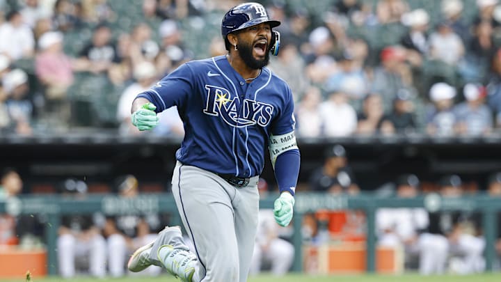 Apr 16, 2026; Chicago, Illinois, USA; Tampa Bay Rays third baseman Junior Caminero (13) celebrates as he rounds the bases after hitting a solo home run against the Chicago White Sox during the ninth inning at Rate Field.