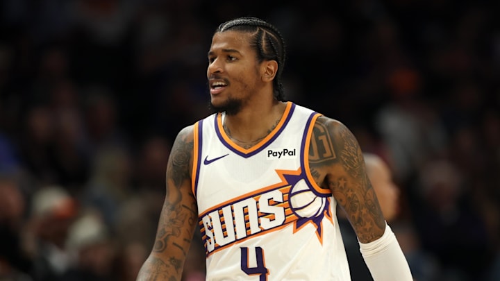 Nov 6, 2025; Phoenix, Arizona, USA; Phoenix Suns guard Jalen Green (4) against the Los Angeles Clippers in the first half at the Mortgage Matchup Center. Mandatory Credit: Mark J. Rebilas-Imagn Images