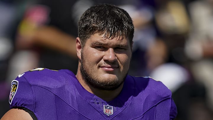 Sep 14, 2025; Baltimore, Maryland, USA; Baltimore Ravens center Tyler Linderbaum (64) before the game against the Cleveland Browns at M&T Bank Stadium. Mandatory Credit: Mitch Stringer-Imagn Images