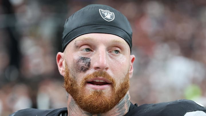 Sep 28, 2025; Paradise, Nevada, USA; Las Vegas Raiders defensive end Maxx Crosby (98) looks on from the sideline during the first quarter against the Chicago Bears at Allegiant Stadium. Mandatory Credit: Kiyoshi Mio-Imagn Images