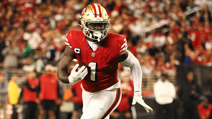 Oct 27, 2024; Santa Clara, California, USA; San Francisco 49ers wide receiver Deebo Samuel Sr (1) carries the ball against the Dallas Cowboys during the third quarter at Levi's Stadium. Mandatory Credit: Kelley L Cox-Imagn Images
