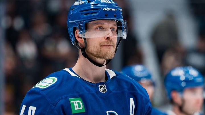 Apr 14, 2026; Vancouver, British Columbia, CAN; Vancouver Canucks forward Elias Pettersson (40) during a stop in play against the Los Angeles Kings in the third period at Rogers Arena. Mandatory Credit: Bob Frid-Imagn Images