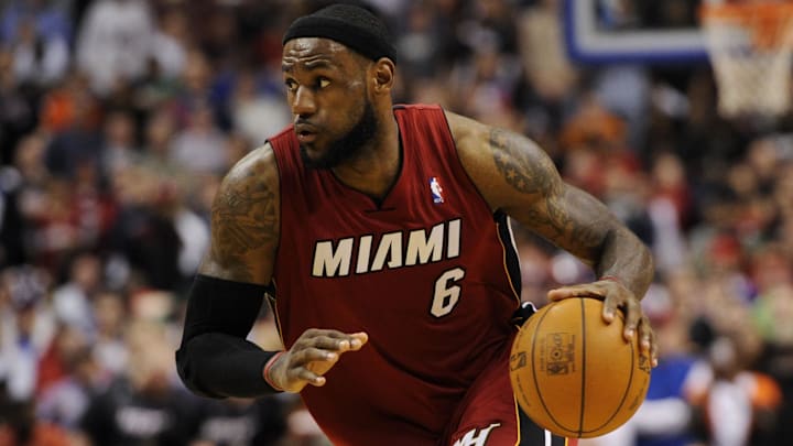 Mar 16, 2012; Philadelphia, PA, USA; Miami Heat forward LeBron James (6) brings the ball up court during the fourth quarter against the Philadelphia 76ers at the Wells Fargo Center. The Heat defeated the Sixers 84-78. Mandatory Credit: Howard Smith-Imagn Images Mar 16, 2012; Philadelphia, PA, USA; Miami Heat forward LeBron James (6) brings the ball up court during the fourth quarter against the Philadelphia 76ers at the Wells Fargo Center. The Heat defeated the Sixers 84-78. Mandatory Credit: Howard Smith-Imagn Images