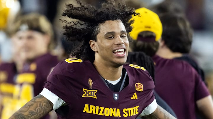 Nov 28, 2025; Tempe, Arizona, USA; Arizona State Sun Devils wide receiver Jordyn Tyson (0) against the Arizona Wildcats during the 99th Territorial Cup at Mountain America Stadium. Mandatory Credit: Mark J. Rebilas-Imagn Images
