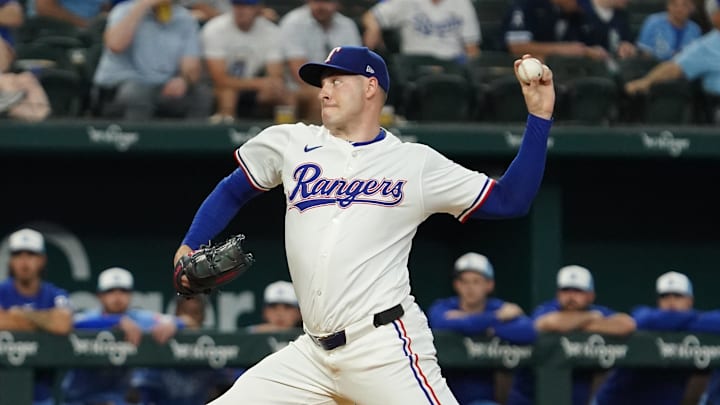 Jun 18, 2025; Arlington, Texas, USA; Texas Rangers pitcher Patrick Corbin (46) throws to the plate during the first inning against the Kansas City Royals at Globe Life Field.