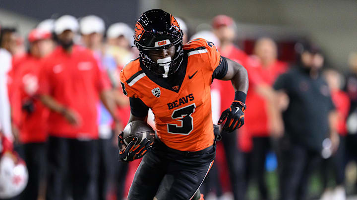 Sep 26, 2025; Corvallis, Oregon, USA; Oregon State Beavers wide receiver Taz Reddicks (3) runs the ball after a catch in overtime against the Houston Cougars at Reser Stadium. Mandatory Credit: Craig Strobeck-Imagn Images