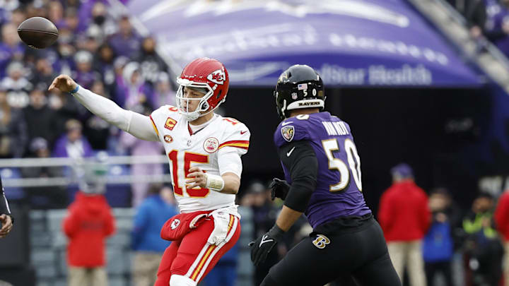Jan 28, 2024; Baltimore, Maryland, USA; Kansas City Chiefs quarterback Patrick Mahomes (15) throws a pass in front of Baltimore Ravens linebacker Kyle Van Noy (50) during the first half in the AFC Championship football game at M&T Bank Stadium. Mandatory Credit: Geoff Burke-Imagn Images Jan 28, 2024; Baltimore, Maryland, USA; Kansas City Chiefs quarterback Patrick Mahomes (15) throws a pass in front of Baltimore Ravens linebacker Kyle Van Noy (50) during the first half in the AFC Championship football game at M&T Bank Stadium. Mandatory Credit: Geoff Burke-Imagn Images