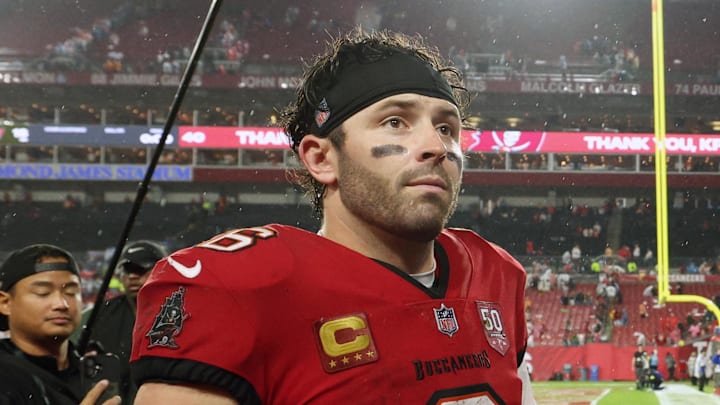 Tampa Bay Buccaneers quarterback Baker Mayfield (6) leaves the field after defeating the Carolina Panthers