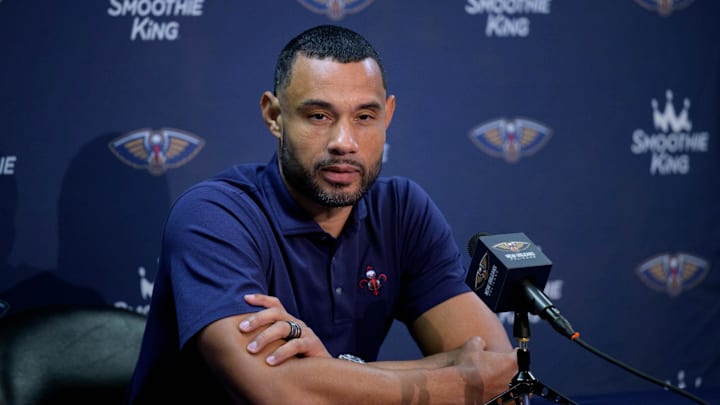 Oct 2, 2023; New Orleans, LA, USA; New Orleans Pelicans general manager Trajan Langdon speaks during Media Day at the Smoothie King Center. Mandatory Credit: Matthew Hinton-Imagn Images Oct 2, 2023; New Orleans, LA, USA; New Orleans Pelicans general manager Trajan Langdon speaks during Media Day at the Smoothie King Center. Mandatory Credit: Matthew Hinton-Imagn Images
