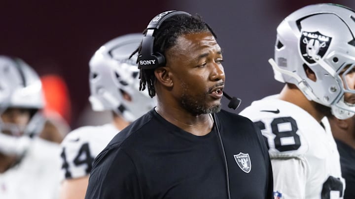 Aug 23, 2025; Glendale, Arizona, USA; Las Vegas Raiders defensive coordinator Patrick Graham against the Arizona Cardinals during a preseason NFL game at State Farm Stadium. Mandatory Credit: Mark J. Rebilas-Imagn Images