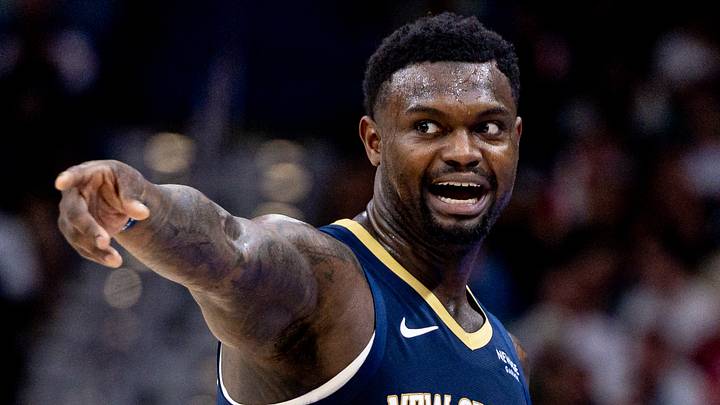 Oct 24, 2025; New Orleans, Louisiana, USA;  New Orleans Pelicans forward Zion Williamson (1) reacts to a play against the San Antonio Spurs during the second half at Smoothie King Center. Mandatory Credit: Stephen Lew-Imagn Images