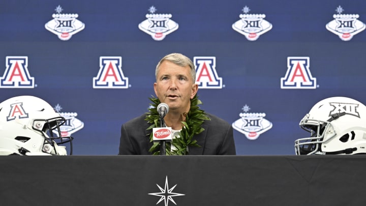 Jul 10, 2024; Las Vegas, NV, USA; Arizona Wildcats head coach Brent Brennan speaks to the media during the Big 12 Media Days at Allegiant Stadium Jul 10, 2024; Las Vegas, NV, USA; Arizona Wildcats head coach Brent Brennan speaks to the media during the Big 12 Media Days at Allegiant Stadium