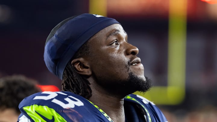 Sep 25, 2025; Glendale, Arizona, USA; Seattle Seahawks linebacker Boye Mafe (53) against the Arizona Cardinals at State Farm Stadium. Mandatory Credit: Mark J. Rebilas-Imagn Images