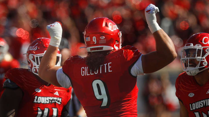 Louisville's Ashton Gillotte celebrates getting a sack against Boston College on Saturday afternoon in L&N Stadium.