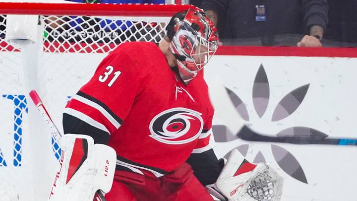 Oct 14, 2021; Raleigh, North Carolina, USA; Carolina Hurricanes goaltender Frederik Andersen (31) makes a third period save against the New York Islanders at PNC Arena. Mandatory Credit: James Guillory-USA TODAY Sports