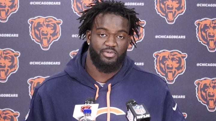 May 10, 2025; Lake Forest, IL, USA; Chicago Bears linebacker Ruben Hyppolite III answers questions after rookie minicamp at Halas Hall.