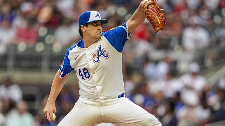 Former Atlanta Braves starting pitcher Cal Quantrill (48) pitches against the New York Mets during the first inning at Truist Park.