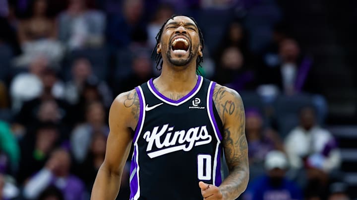 Jan 20, 2026; Sacramento, California, USA; Sacramento Kings guard Malik Monk (0) reacts after a missed shot against the Miami Heat during the fourth quarter at Golden 1 Center.