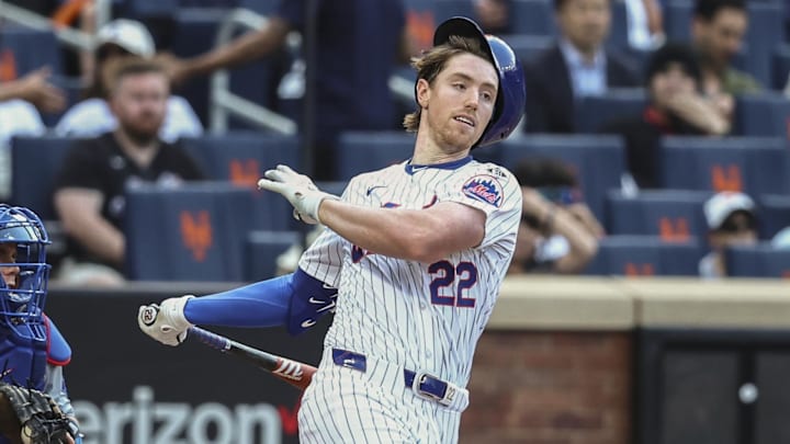 May 29, 2024; New York City, New York, USA;  New York Mets third baseman Brett Baty (22) strikes out with two runners on base to end the sixth inning against the Los Angeles Dodgers at Citi Field. Mandatory Credit: Wendell Cruz-Imagn Images