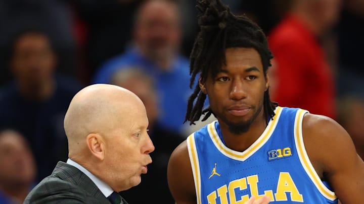 Dec 14, 2024; Phoenix, Arizona, USA; UCLA Bruins head coach Mick Cronin with guard Dominick Harris (8) against the Arizona Wildcats at Footprint Center. Mandatory Credit: Mark J. Rebilas-Imagn Images Dec 14, 2024; Phoenix, Arizona, USA; UCLA Bruins head coach Mick Cronin with guard Dominick Harris (8) against the Arizona Wildcats at Footprint Center. Mandatory Credit: Mark J. Rebilas-Imagn Images