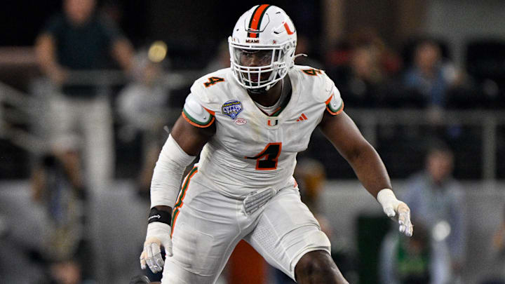Miami Hurricanes defensive end Rueben Bain Jr. rushes the line during the 2025 Cotton Bowl.