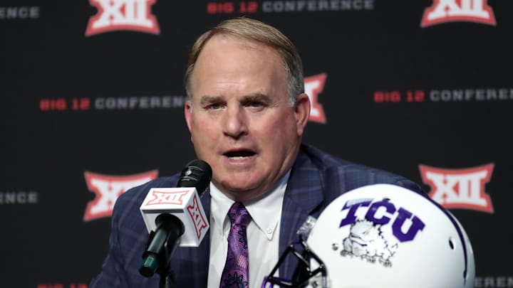 Jul 15, 2019; Arlington, TX, USA; TCU Horned Frogs head coach Gary Patterson speaks to the media during Big 12 media days at AT&T Stadium. Mandatory Credit: Kevin Jairaj-Imagn Images