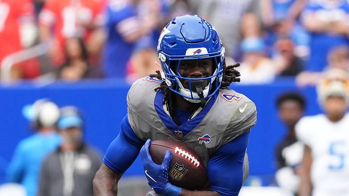 Sep 27, 2026; Orchard Park, New York, USA;  Buffalo Bills running back James Cook III (4) runs with the ball in the second half against the Los Angeles Chargers at New Highmark Stadium.  Mandatory Credit: Gregory Fisher-Imagn Images