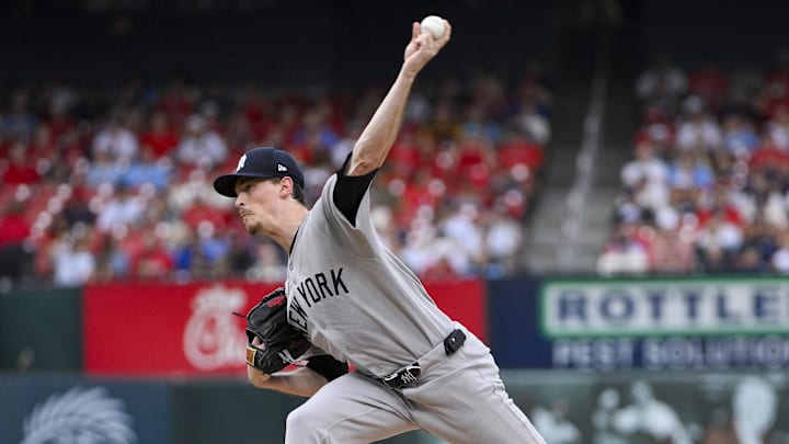Aug 16, 2025; St. Louis, Missouri, USA;  New York Yankees starting pitcher Max Fried (54) pitches against the St. Louis Cardinals during the first inning at Busch Stadium. Mandatory Credit: Jeff Curry-Imagn Images