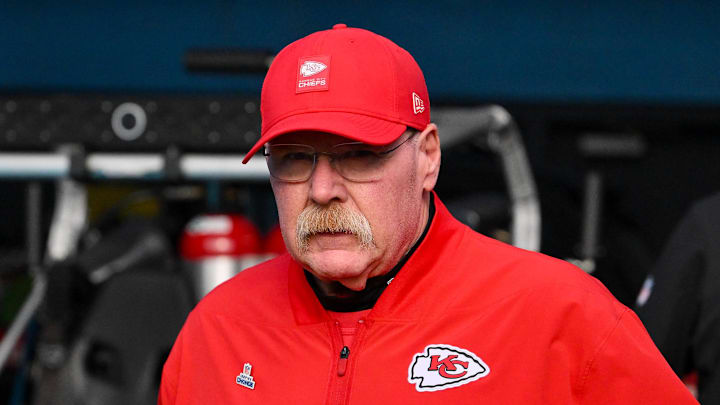 Dec 21, 2025; Nashville, Tennessee, USA;  Kansas City Chiefs head coach Andy Reid walks to the field against the Tennessee Titans during pre-game warmups at Nissan Stadium. Mandatory Credit: Steve Roberts-Imagn Images