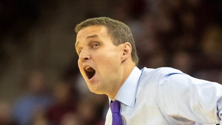 Feb 22, 2020; Columbia, South Carolina, USA; LSU Tigers head coach Will Wade disputes a call against the South Carolina Gamecocks in the first half at Colonial Life Arena. Mandatory Credit: Jeff Blake-Imagn Images