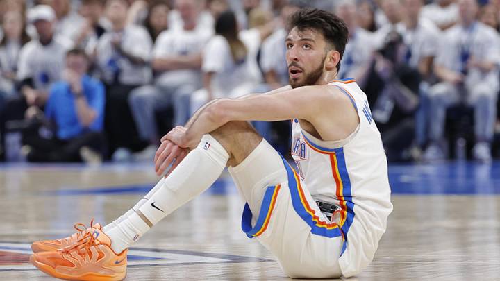 May 26, 2026; Oklahoma City, Oklahoma, USA; Oklahoma City Thunder center Chet Holmgren (7) reacts after a play during the third quarter against the San Antonio Spurs in game five of the western conference finals for the 2026 NBA playoffs at Paycom Center. Mandatory Credit: Alonzo Adams-Imagn Images May 26, 2026; Oklahoma City, Oklahoma, USA; Oklahoma City Thunder center Chet Holmgren (7) reacts after a play during the third quarter against the San Antonio Spurs in game five of the western conference finals for the 2026 NBA playoffs at Paycom Center. Mandatory Credit: Alonzo Adams-Imagn Images