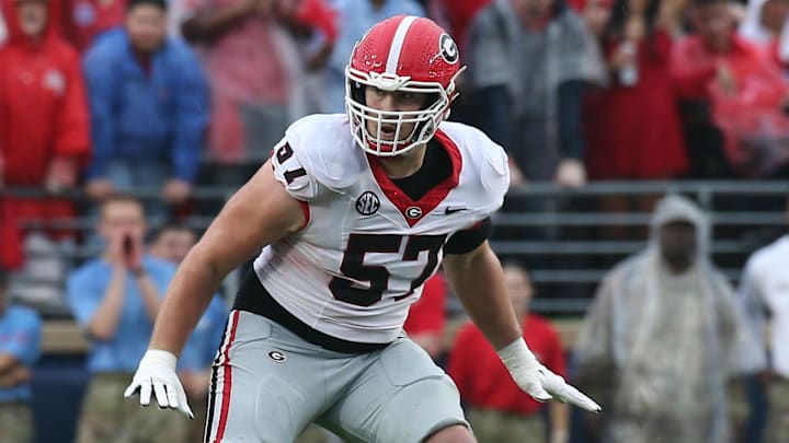 Georgia Bulldogs offensive lineman Monroe Freeling (57) blocks during the first half against the Mississippi Rebels Georgia Bulldogs offensive lineman Monroe Freeling (57) blocks during the first half against the Mississippi Rebels