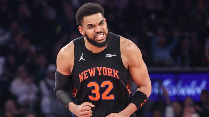 May 6, 2026; New York, New York, USA; New York Knicks center Karl-Anthony Towns (32) celebrates after scoring against the Philadelphia 76ers during game five of the second round of the 2026 NBA Playoffs at Madison Square Garden. Mandatory Credit: Wendell Cruz-Imagn Images