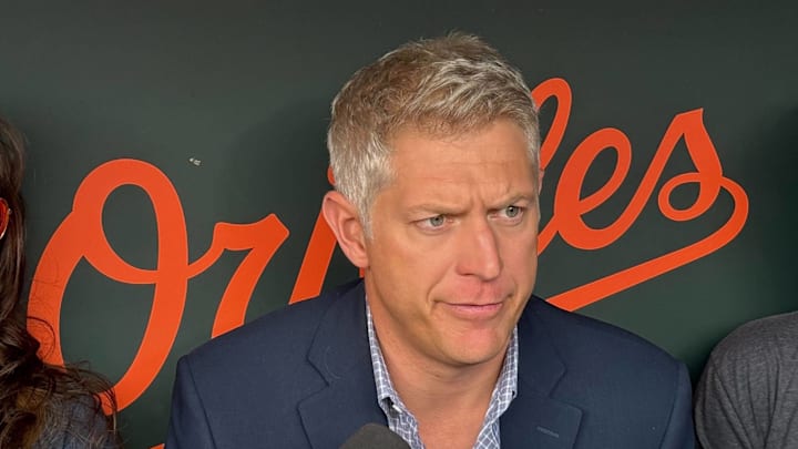 Baltimore Orioles general manager Mike Elias speaks to the media.