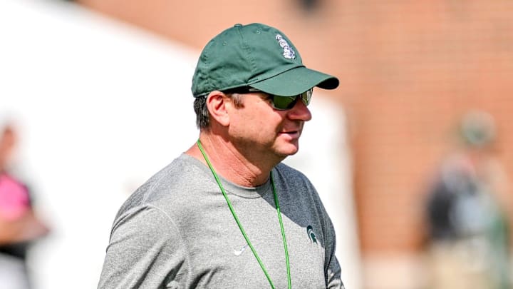 Michigan State's head coach Jonathan Smith looks on during the first day of football camp on Tuesday, July 30, 2024, in East Lansing.
