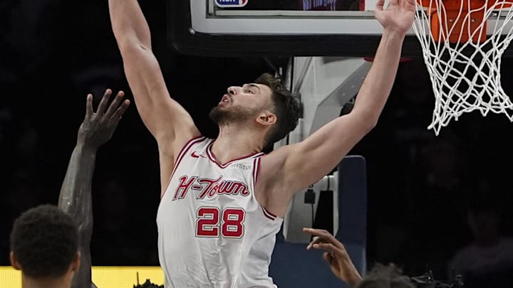 Mar 25, 2026; Minneapolis, Minnesota, USA; Houston Rockets center Alperen Sengun (28) blocks the shot of Minnesota Timberwolves forward Julius Randle (30) as regulation ends and sends the game to overtime at Target Center. Mandatory Credit: Bruce Kluckhohn-Imagn Images Mar 25, 2026; Minneapolis, Minnesota, USA; Houston Rockets center Alperen Sengun (28) blocks the shot of Minnesota Timberwolves forward Julius Randle (30) as regulation ends and sends the game to overtime at Target Center. Mandatory Credit: Bruce Kluckhohn-Imagn Images