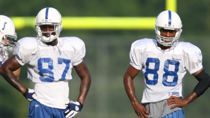 Aug 7, 2006; Terre Haute, IN, USA; Indianapolis Colts wide receivers (83) Brandon Stokley , (87) Reggie Wayne and (88) Marvin Harrison during training camp at Rose-Hulman Institute of Technology in Terre Haute, Indiana. Mandatory Credit: Jason Parkhurst-USA TODAY Sports © 2006 Jason Parkhurst