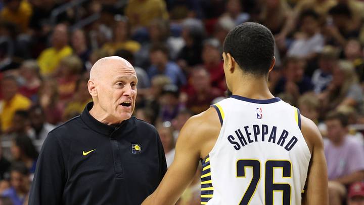 Oct 7, 2026; Ames, Iowa, USA;  Indiana Pacers head coach Rick Carlisle talks with Indiana Pacers guard Ben Sheppard (26) during their game against the Minnesota Timberwolves at James H. Hilton Coliseum.  Mandatory Credit: Reese Strickland-Imagn Images