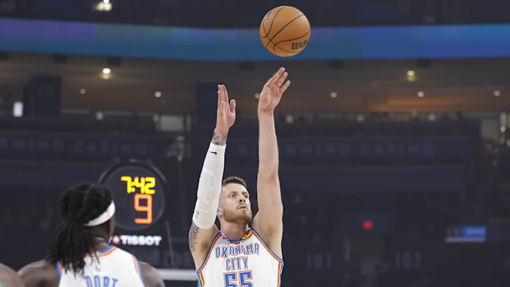 Oct 9, 2025; Oklahoma City, Oklahoma, USA; Oklahoma City Thunder center/forward Isaiah Hartenstein (55) shoots a three point basket against the Charlotte Hornets during the 1st quarter of a game between the Charlotte Hornets and the Oklahoma City Thunder at Paycom Center. Mandatory Credit: Alonzo Adams-Imagn Images Oct 9, 2025; Oklahoma City, Oklahoma, USA; Oklahoma City Thunder center/forward Isaiah Hartenstein (55) shoots a three point basket against the Charlotte Hornets during the 1st quarter of a game between the Charlotte Hornets and the Oklahoma City Thunder at Paycom Center. Mandatory Credit: Alonzo Adams-Imagn Images