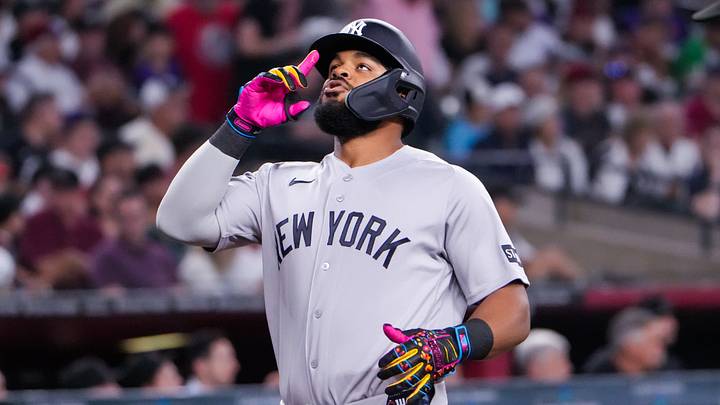 Phoenix, Arizona, USA;  New York Yankees left fielder Heliot Ramos (34) celebrates his home run during the third inning during the game against  Arizona Diamondbacks at Chase Field. Mandatory Credit: Arianna Grainey-Imagn Images