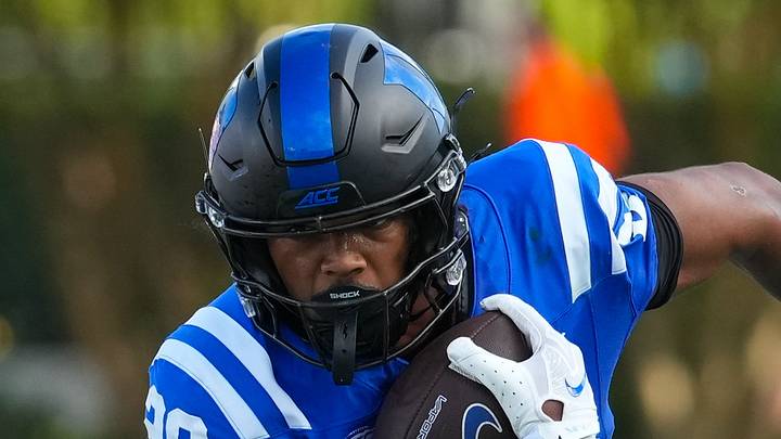 Sep 19, 2026; Durham, North Carolina, USA;  Duke Blue Devils running back Nate Sheppard (20) runs for a touchdown against the Stanford Cardinal during the first half at Wallace Wade Stadium.  Mandatory Credit: James Guillory-Imagn Images