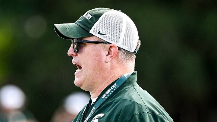 Michigan State head coach Pat Fitzgerald calls out to players during football practice on Monday, Aug. 17, 2026, in East Lansing. Michigan State head coach Pat Fitzgerald calls out to players during football practice on Monday, Aug. 17, 2026, in East Lansing.