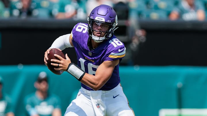 Aug 24, 2024; Philadelphia, Pennsylvania, USA; Minnesota Vikings quarterback Jaren Hall (16) scrambles against the Philadelphia Eagles during the second quarter at Lincoln Financial Field. Mandatory Credit: Caean Couto-Imagn Images Aug 24, 2024; Philadelphia, Pennsylvania, USA; Minnesota Vikings quarterback Jaren Hall (16) scrambles against the Philadelphia Eagles during the second quarter at Lincoln Financial Field. Mandatory Credit: Caean Couto-Imagn Images