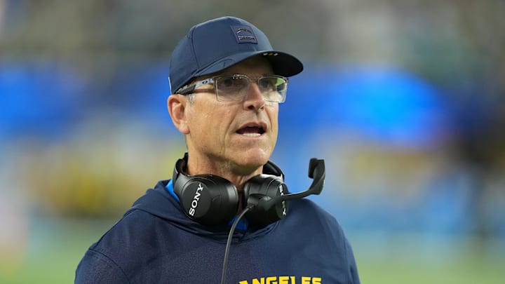 Dec 8, 2025; Inglewood, California, USA; Los Angeles Chargers head coach Jim Harbaugh reacts in the first half against the Philadelphia Eagles at SoFi Stadium. Mandatory Credit: Kirby Lee-Imagn Images Dec 8, 2025; Inglewood, California, USA; Los Angeles Chargers head coach Jim Harbaugh reacts in the first half against the Philadelphia Eagles at SoFi Stadium. Mandatory Credit: Kirby Lee-Imagn Images