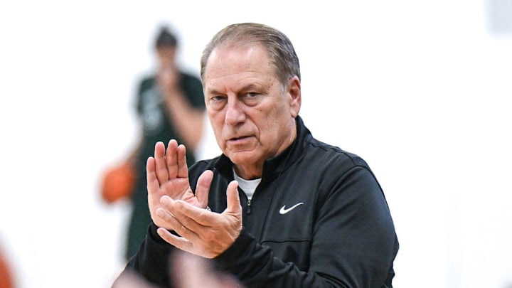 Michigan State's head coach Tom Izzo looks on as the team practices during men's basketball media day on Thursday, Oct. 17, 2024, at the Breslin Center in East Lansing.